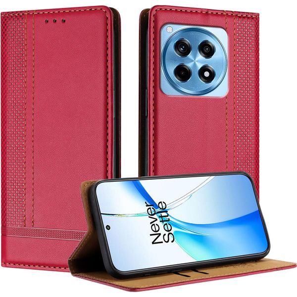 Custodia Per Oneplus 12R In Pelle Con Funzione Di Supporto Rosso-image