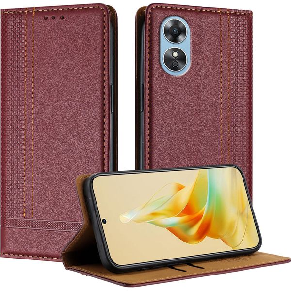 Custodia Per Oppo A17 In Pelle Con Funzione Stand Rosso Scuro-image