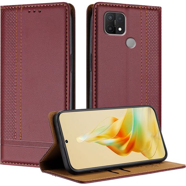 Custodia Per Oppo A15 In Pelle Con Funzione Stand Rosso Scuro-image