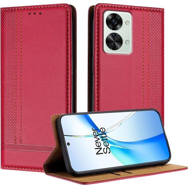 Custodia Per Telefono Cellulare Per Oneplus Nord 2T In Pelle Flip Custodia Protettiva Con Funzione Stand Rosso-image