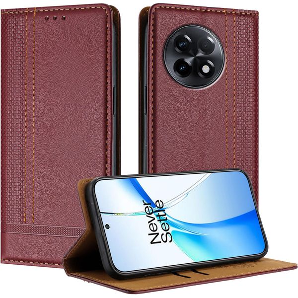 Custodia Per Oneplus 11R In Pelle Con Funzione Stand Rosso Scuro-image