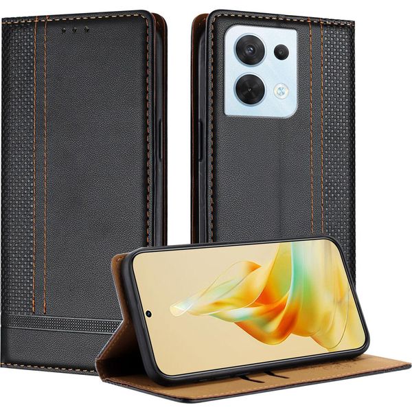 Custodia Per Oppo Reno8 5G In Pelle Con Funzione Stand Nero-image