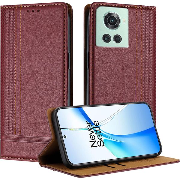 Custodia Per Oneplus 10R In Pelle Con Funzione Stand Rosso Scuro-image