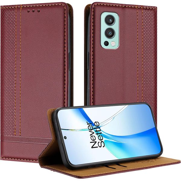 Custodia Per Oneplus Nord 2 In Pelle Con Funzione Stand Rosso Scuro-image