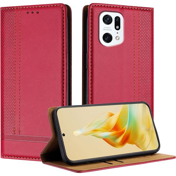 Custodia Per Oppo Find X5 Pro In Pelle Con Funzione Stand Rosso-image