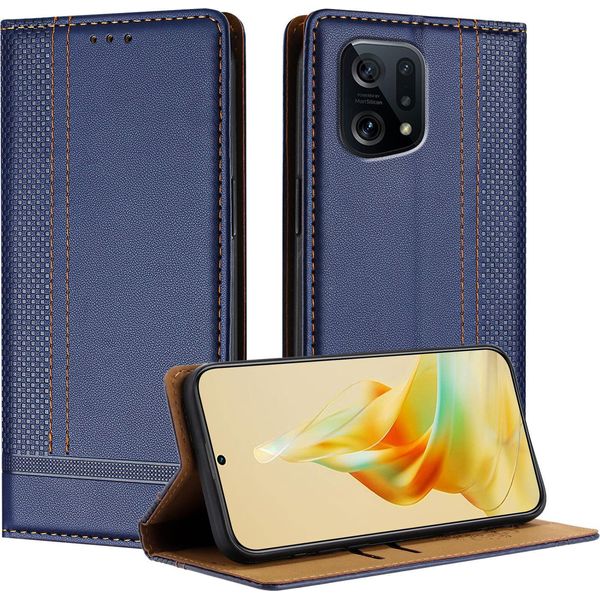 Custodia Per Oppo Find X5 In Pelle Con Funzione Di Supporto Blu-image