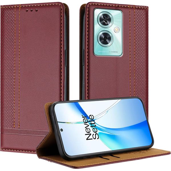 Custodia Per Oneplus Nord CE3 In Pelle Con Funzione Stand Rosso Scuro-image