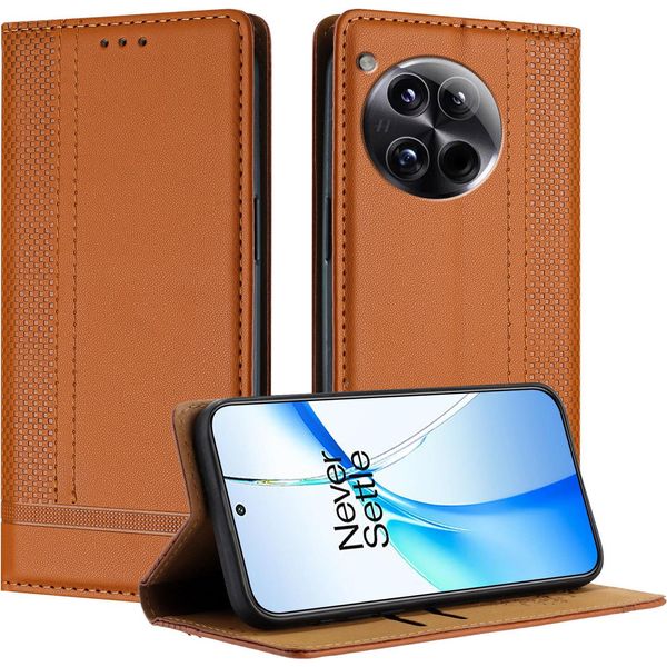 Custodia Per Telefono Cellulare Per Oneplus 12 In Pelle Flip Custodia Protettiva Con Funzione Di Stand Marrone-image