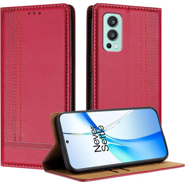 Custodia Per Oneplus Nord 2 In Pelle Con Funzione Stand Rosso-image