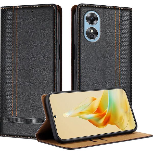 Custodia Per Oppo A17 In Pelle Con Funzione Stand Nero-image