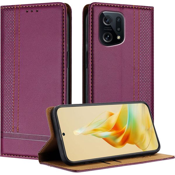 Custodia Per Oppo Find X5 In Pelle Con Funzione Di Supporto Viola-image
