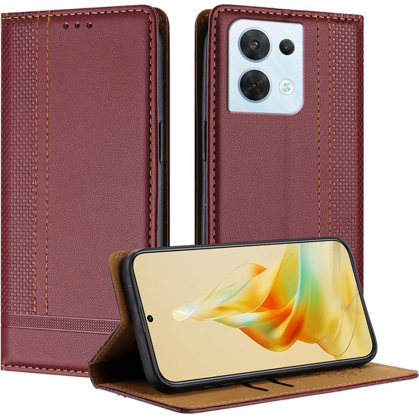 Custodia Per Oppo Reno8 5G In Pelle Con Funzione Stand Rosso Scuro-image