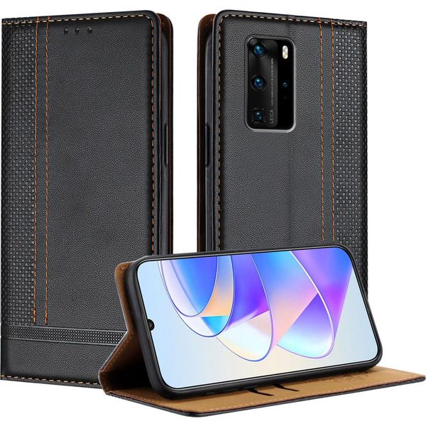Custodia Per Huawei P40 Pro In Pelle Con Funzione Stand Nero-image