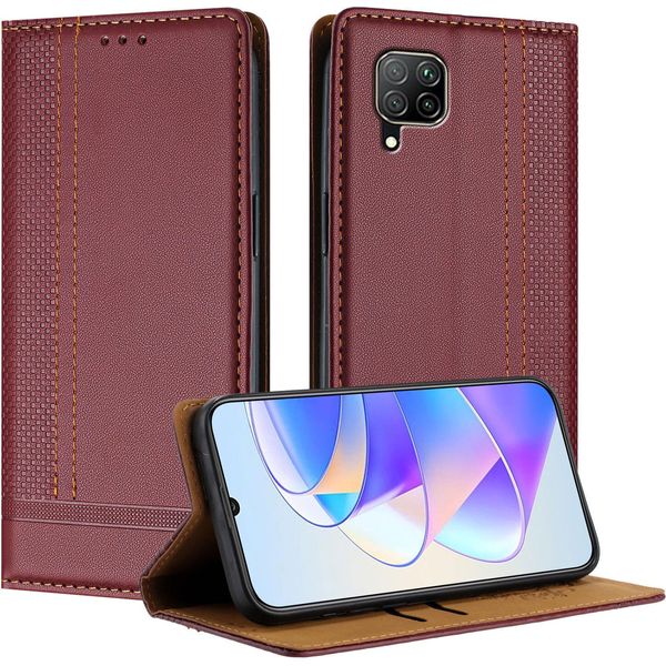 Custodia Per Huawei P40 Lite In Pelle Con Funzione Stand Rosso Scuro-image