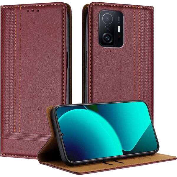 Custodia Per Xiaomi 11T / 11T Pro In Pelle Con Funzione Stand Rosso Scuro-image