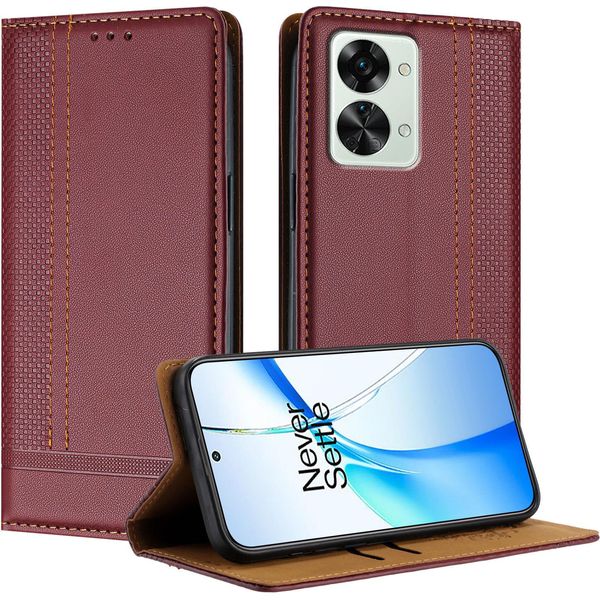 Custodia Per Oneplus Nord 2T In Pelle Con Funzione Stand Rosso Scuro-image