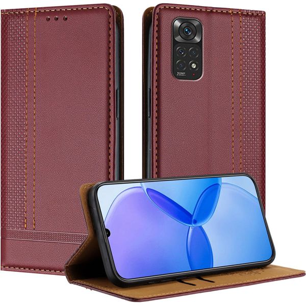 Custodia Per Xiaomi Redmi Note 11S/Note 11 4G/Note 12S Custodia Flip In Pelle Con Funzione Stand Rosso Scuro-image