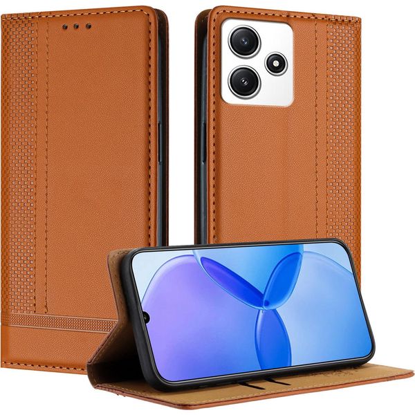 Custodia Per Xiaomi Poco M6 Pro 5G/Redmi 12/Note 12R Custodia Flip In Pelle Con Funzione Stand Brown-image