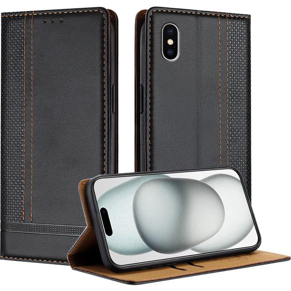 Custodia Per Iphone Xs /Iphone X In Pelle Flip Case Con Funzione Stand Nero-image