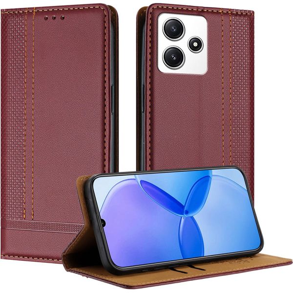 Custodia Per Xiaomi Poco M6 Pro 5G/Redmi 12/Note 12R Custodia Flip In Pelle Con Funzione Stand Rosso Scuro-image