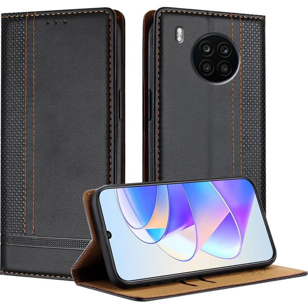 Custodia Per Huawei Nova 8I/Honor 50 Lite In Pelle Con Funzione Stand Nero-image