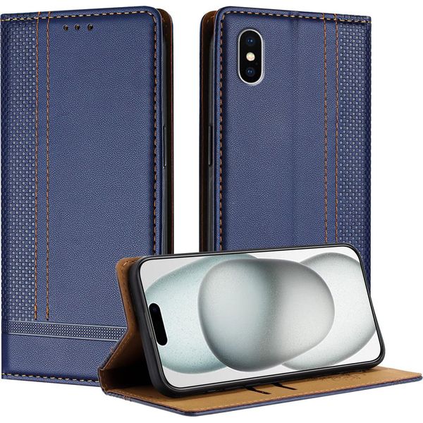 Custodia Per Iphone Xs /Iphone X In Pelle Flip Case Con Funzione Stand Blu-image