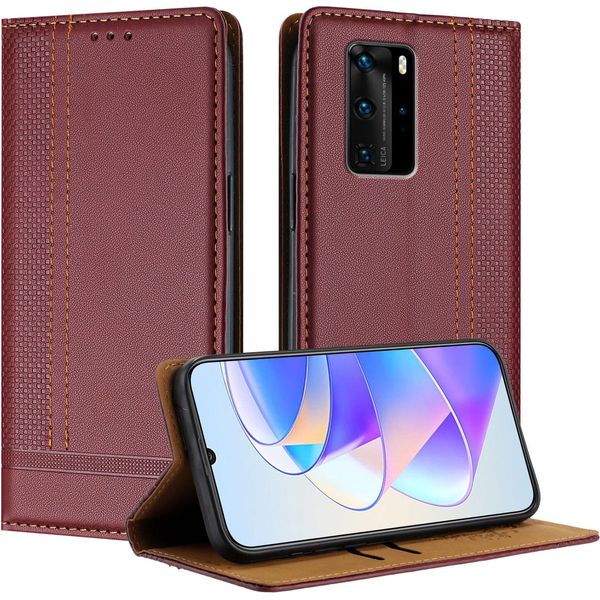 Custodia Per Huawei P40 Pro In Pelle Con Funzione Stand Rosso Scuro-image