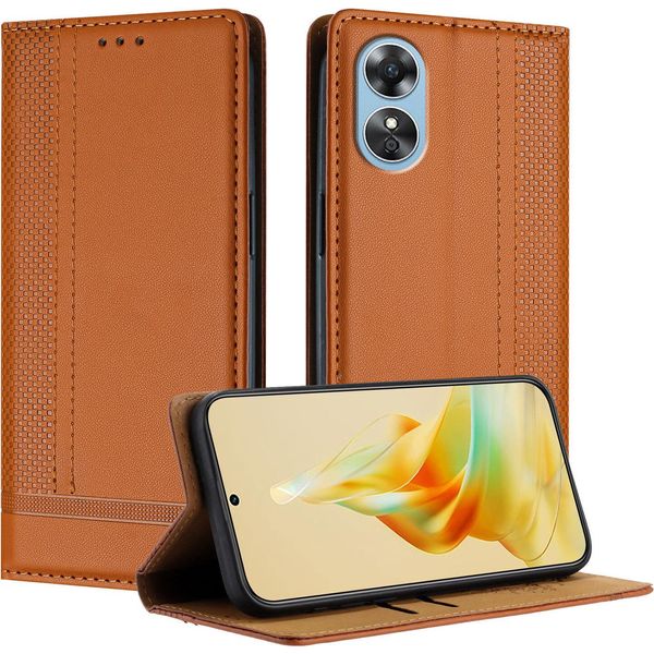 Custodia Per Telefono Cellulare Per Oppo A17 In Pelle Flip Cover Con Funzione Stand Brown-image