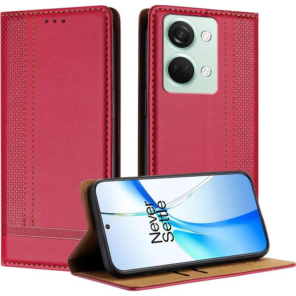 Custodia Per Oneplus Nord 3 In Pelle Con Funzione Stand Rosso-image