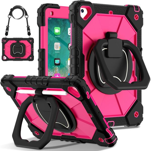 Custodia Per Ipad 9,7 6A/5A Generazione 2018/2017, Resistente Custodia Protettiva Portatile Con Supporto, Cinghia A Mano E Tracolla Nero Rosa-image