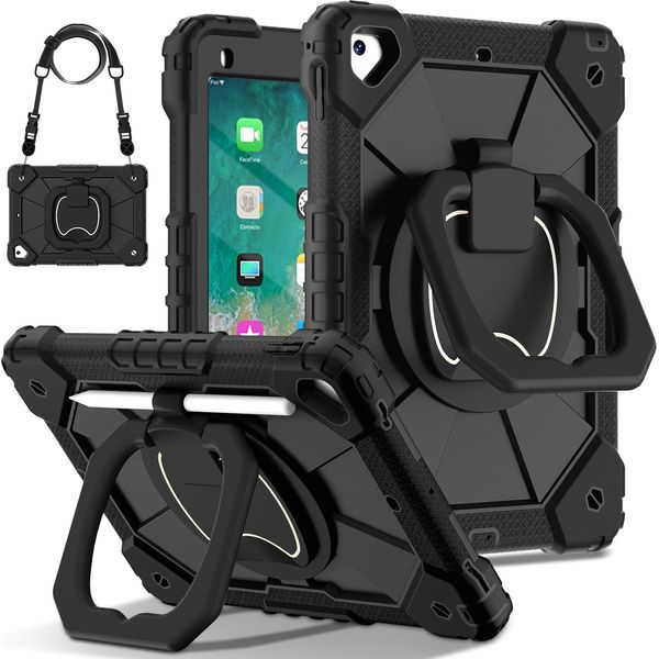 Custodia Per Ipad 9,7 6A/5A Generazione 2018/2017, Resistente Custodia Protettiva Portatile Con Supporto, Cinghia A Mano E Tracolla Nera-image