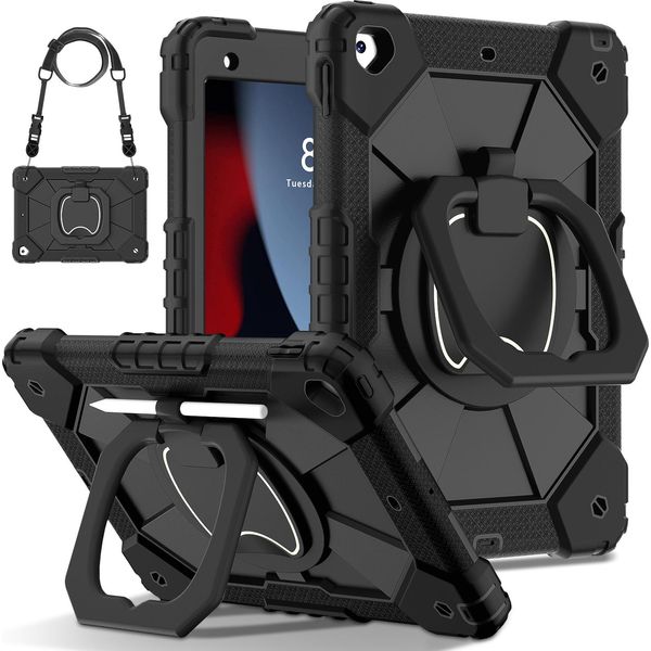 Custodia Per Ipad 9Th Gen/ 8Th Gen/ 7Th Gen, Ipad 10,2" 2021/2020/2019, Resistente Custodia Protettiva Portatile Con Supporto, Cinghia A Mano E Tracolla Nera"-image