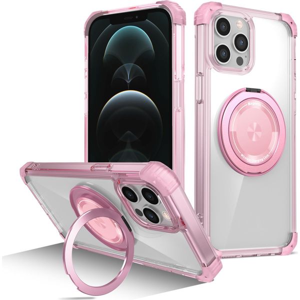 Custodia Per Iphone 12 / Iphone 12 Pro Supporto Ad Anello Magnetico, Supporto, Compatibile Con Magsafe, Protezione Militare, Custodia Trasparente Rosa-image