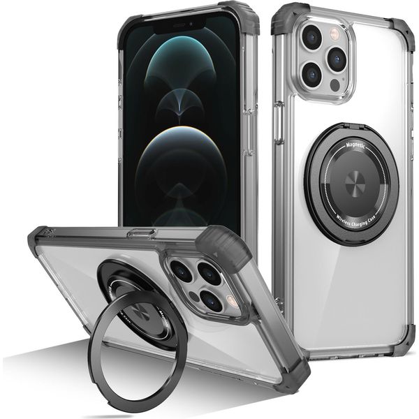 Custodia Per Iphone 12 Pro Max Supporto Ad Anello Magnetico, Supporto, Compatibile Con Magsafe, Protezione Militare, Custodia Trasparente Nera-image