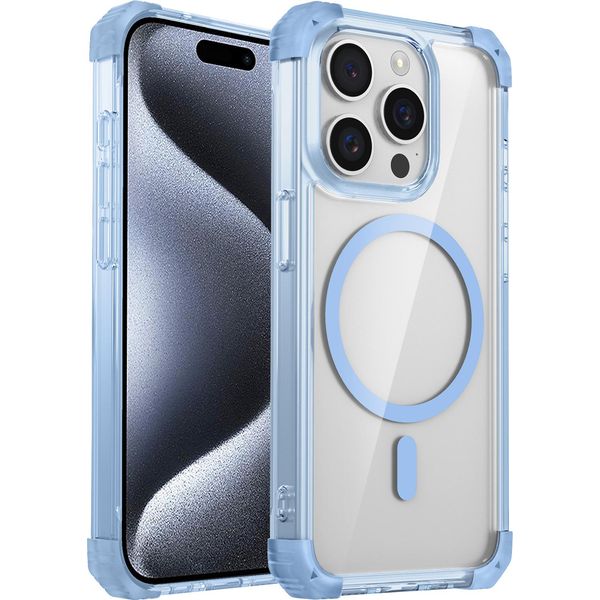 Custodia Magnetica Per Iphone 15 Pro Compatibile Con Magsafe, Antiurto, Protezione Militare Custodia Trasparente Blu-image