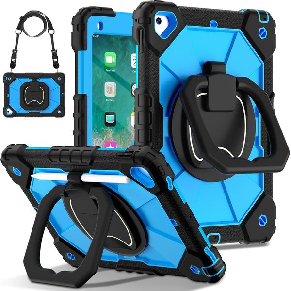 Custodia Per Ipad 9,7 6A/5A Generazione 2018/2017, Resistente Custodia Protettiva Portatile Con Supporto, Cinghia A Mano E Tracolla Nero Blu-image