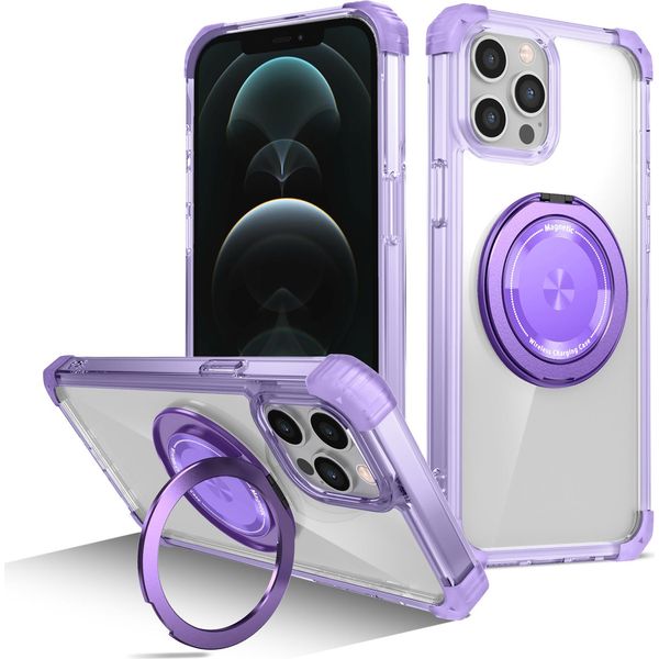 Custodia Per Iphone 12 Pro Max Supporto Ad Anello Magnetico, Supporto, Compatibile Con Magsafe, Protezione Militare, Custodia Trasparente Viola-image