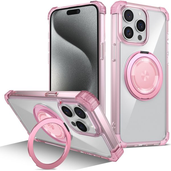 Custodia Per Iphone 13 Pro Max Supporto Ad Anello Magnetico, Supporto, Compatibile Con Magsafe, Protezione Militare, Custodia Trasparente Rosa-image