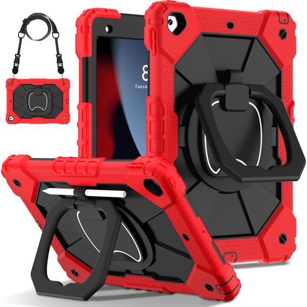 Custodia Per Ipad 9Th Gen/ 8Th Gen/ 7Th Gen, Ipad 10,2" 2021/2020/2019, Resistente Custodia Protettiva Portatile Con Supporto, Cinghia A Mano E Tracolla Rosso Nero"-image
