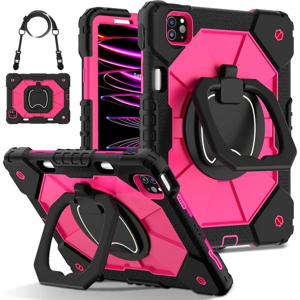 Custodia Per Ipad Air 5 /Air 4 /Ipad Pro 11 2022/2021/2020/2018, Ipad 10.9" Air 5Th/4Th Gen, Resistente Custodia Protettiva Portatile Con Supporto, Cinghia A Mano E Tracolla Nero Rosa"-image