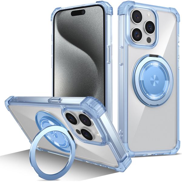 Custodia Per Iphone 15 Pro Max Supporto Ad Anello Magnetico, Supporto, Compatibile Con Magsafe, Protezione Militare, Custodia Trasparente Blu-image