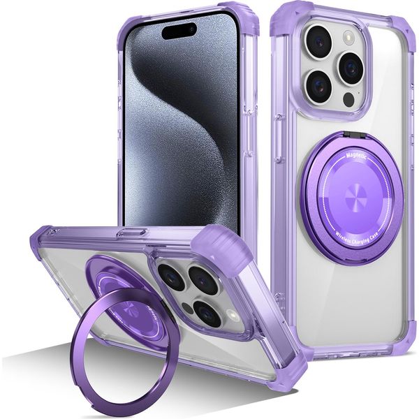 Custodia Per Iphone 15 Pro Supporto Magnetico Ad Anello Compatibile Con Magsafe Protezione Militare Custodia Trasparente Viola-image