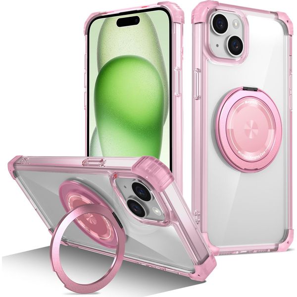 Custodia Per Iphone 14 Plus / 15 Plus Supporto Ad Anello Magnetico, Supporto, Compatibile Con Magsafe, Protezione Militare, Custodia Trasparente Rosa-image