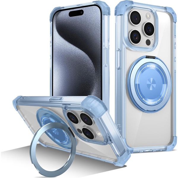 Custodia Per Iphone 13 Pro Supporto Ad Anello Magnetico, Supporto, Compatibile Con Magsafe, Protezione Militare, Custodia Trasparente Blu-image