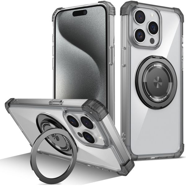 Custodia Per Iphone 13 Pro Max Supporto Ad Anello Magnetico, Supporto, Compatibile Con Magsafe, Protezione Militare, Custodia Trasparente Nera-image