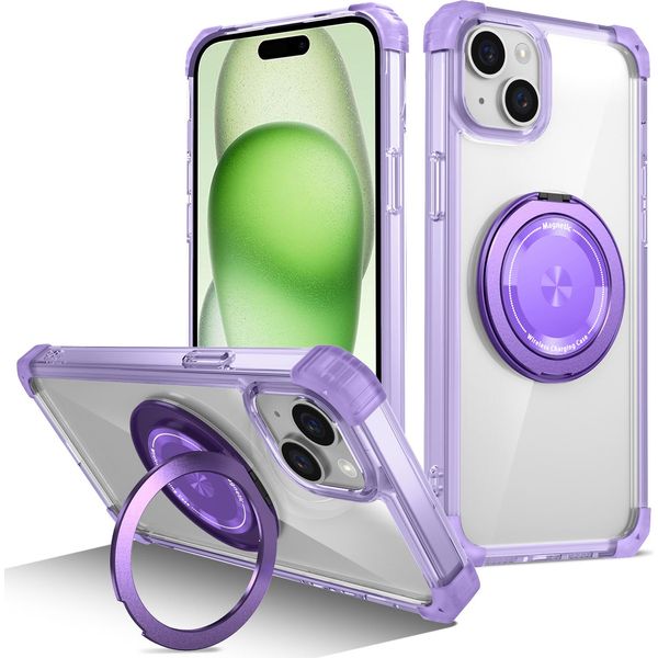 Custodia Per Iphone 15 Supporto Ad Anello Magnetico, Supporto, Compatibile Con Magsafe, Protezione Militare, Custodia Trasparente Viola-image