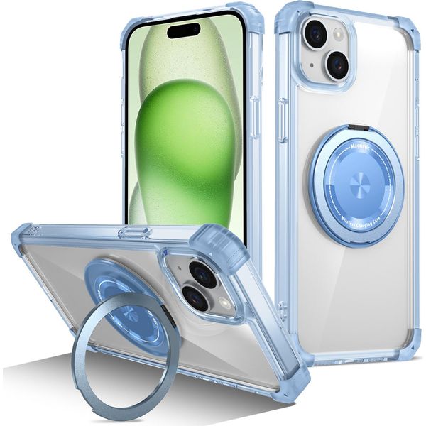 Custodia Per Iphone 14 Plus / 15 Plus Supporto Ad Anello Magnetico, Supporto, Compatibile Magsafe, Protezione Militare, Custodia Trasparente Blu-image