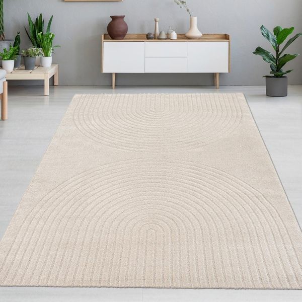 Morbido Tappeto Da Salotto Con Un Semplice Motivo Ad Arco In Beige Dimensioni - 140 X 200 Cm-image