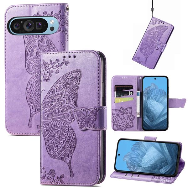 Per Google Pixel 9 / 9 Pro Custodia In Ecopelle Portafoglio Telefono Cellulare Farfalla Design Cover Casi Viola Chiaro-image