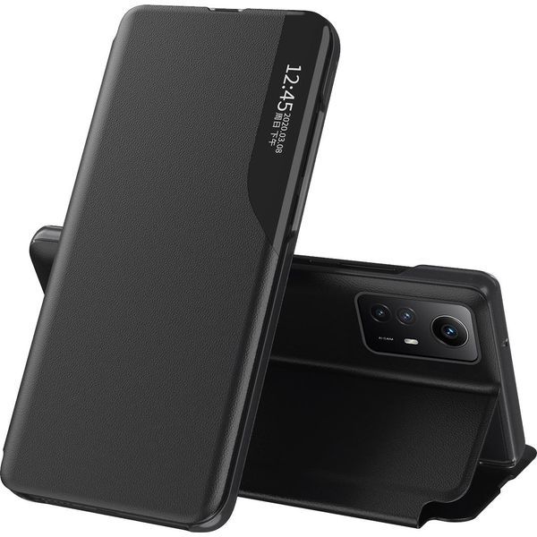Custodia Flip Per Xiaomi Redmi Note 12S, Custodia In Finto Cuoio Con Finestra E Funzione Stand Nero-image